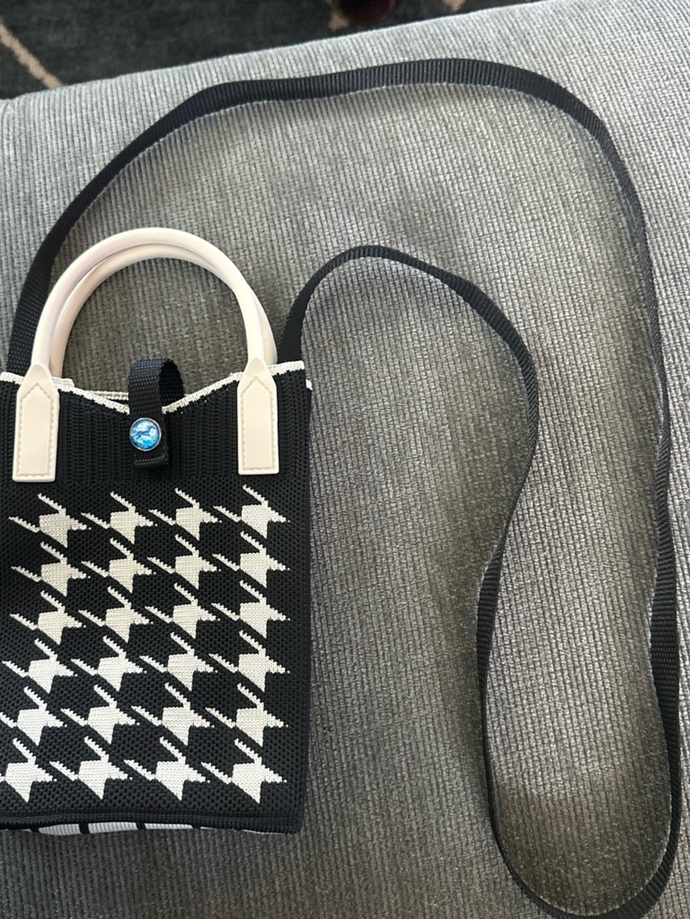 Black & White Houndstooth Knit Crossbody Bag with Ivory Handles